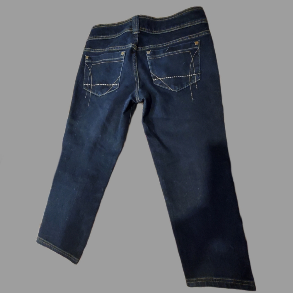 BEBE Low Rise Double Button Capri Denim Blue Jeans Gold Hardware 27